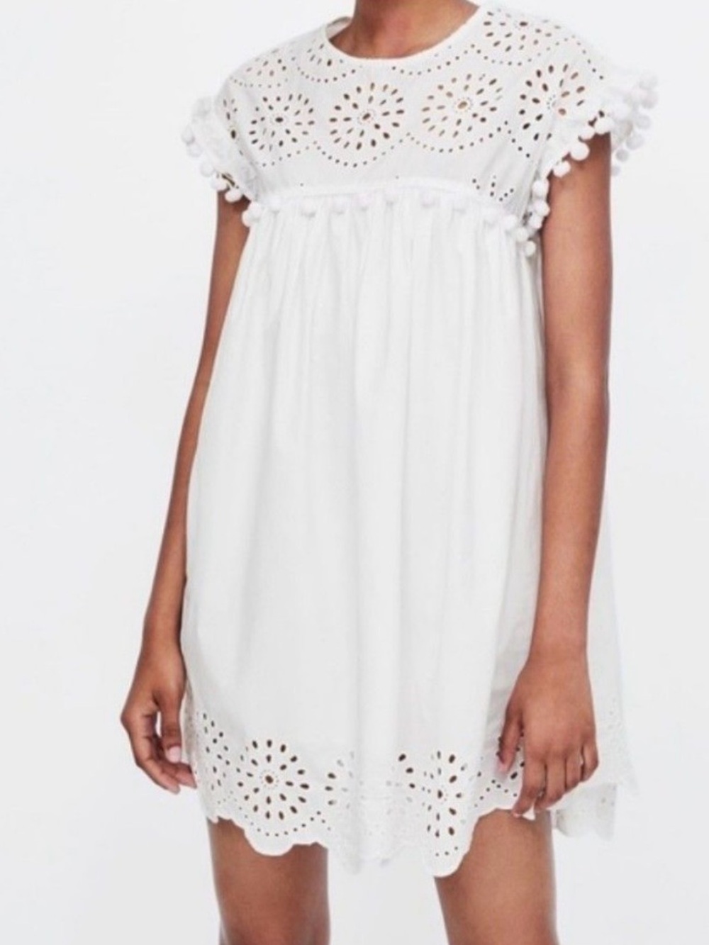 Zara White Eyelet Mini Dress with Pom-Pom Trim Size XS PTP 17.5” EUC